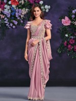 Rose Pink Crepe Satin Silk Ready To Wear Saree